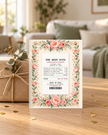 Wife receipt card leaning on a wrapped gift