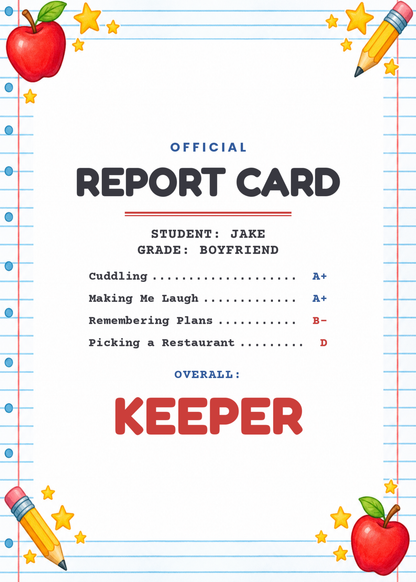 Boyfriend report card funny anniversary card with names