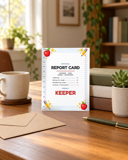 Boyfriend report card standing on a desk with an envelope