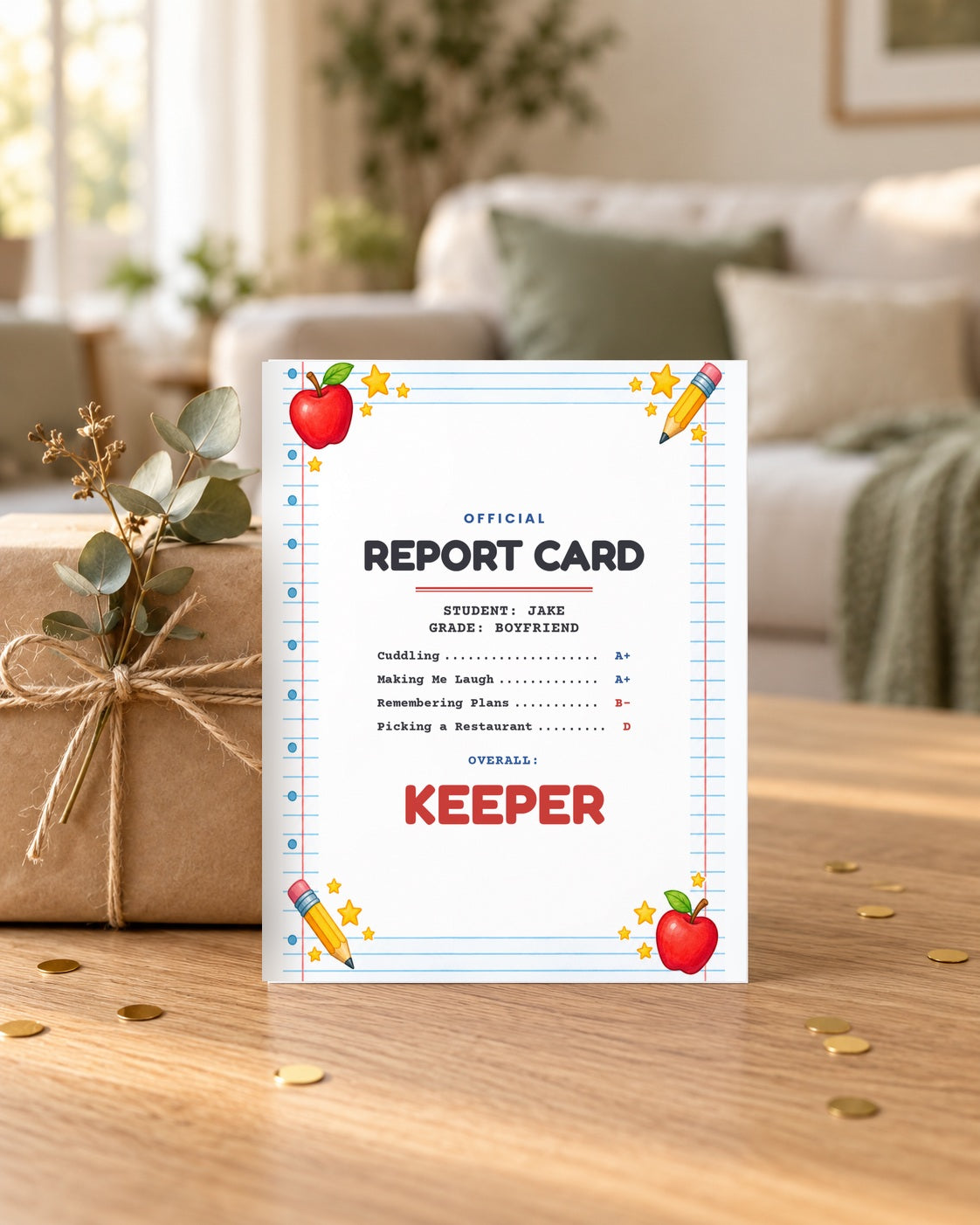 Boyfriend report card leaning on a wrapped gift