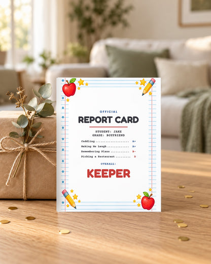 Boyfriend report card leaning on a wrapped gift