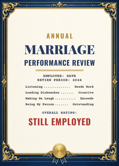 Marriage performance review funny anniversary card with names and year