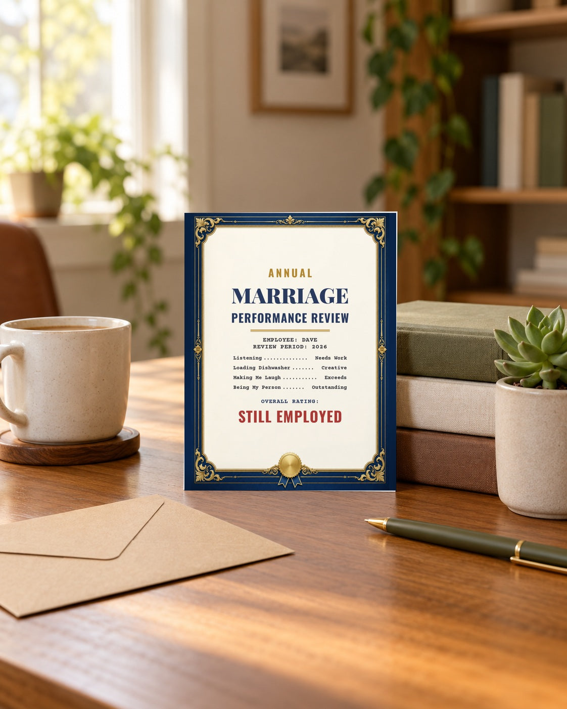 Marriage review card standing on a desk with an envelope