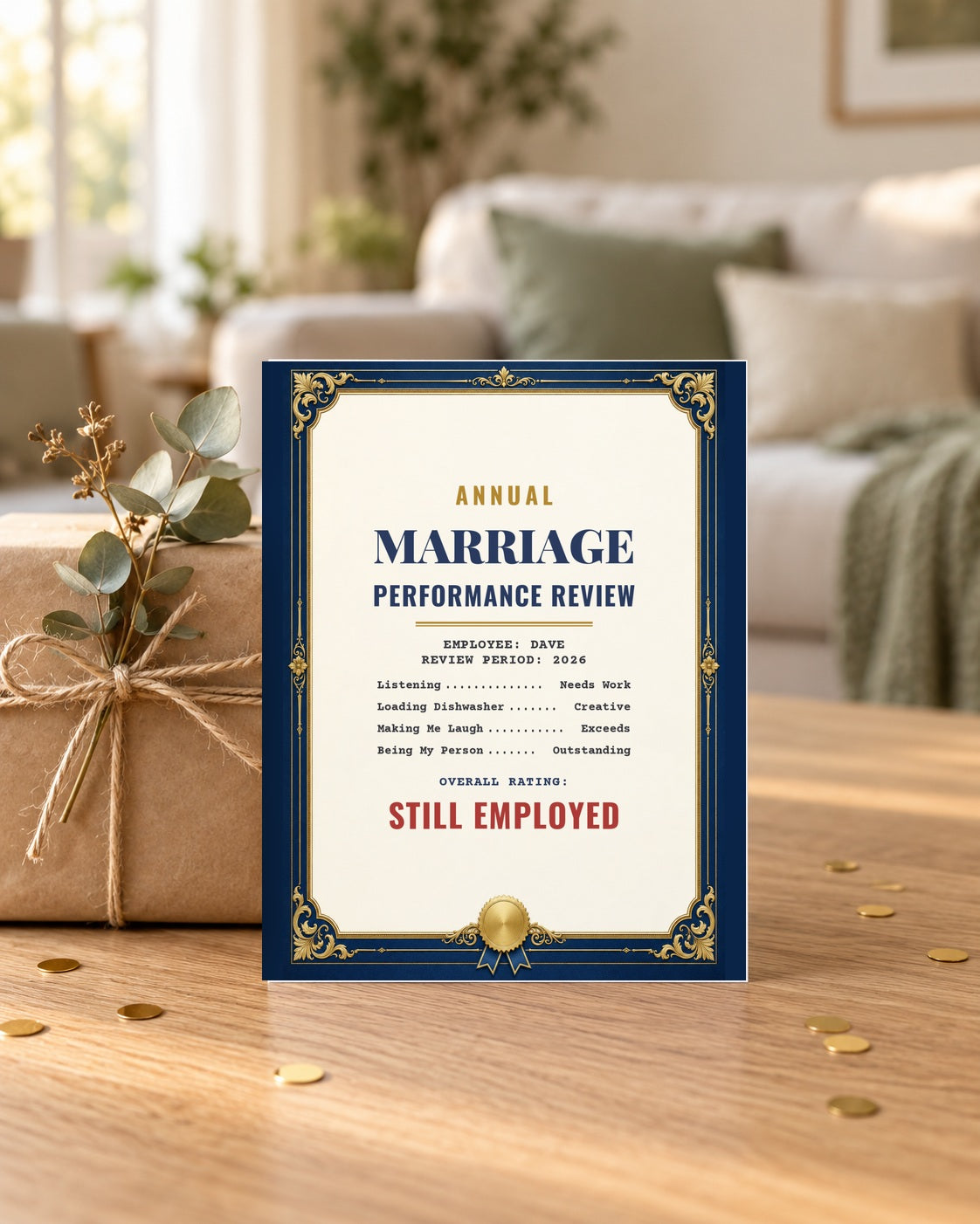 Marriage review card leaning on a wrapped gift