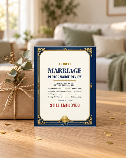 Marriage review card leaning on a wrapped gift