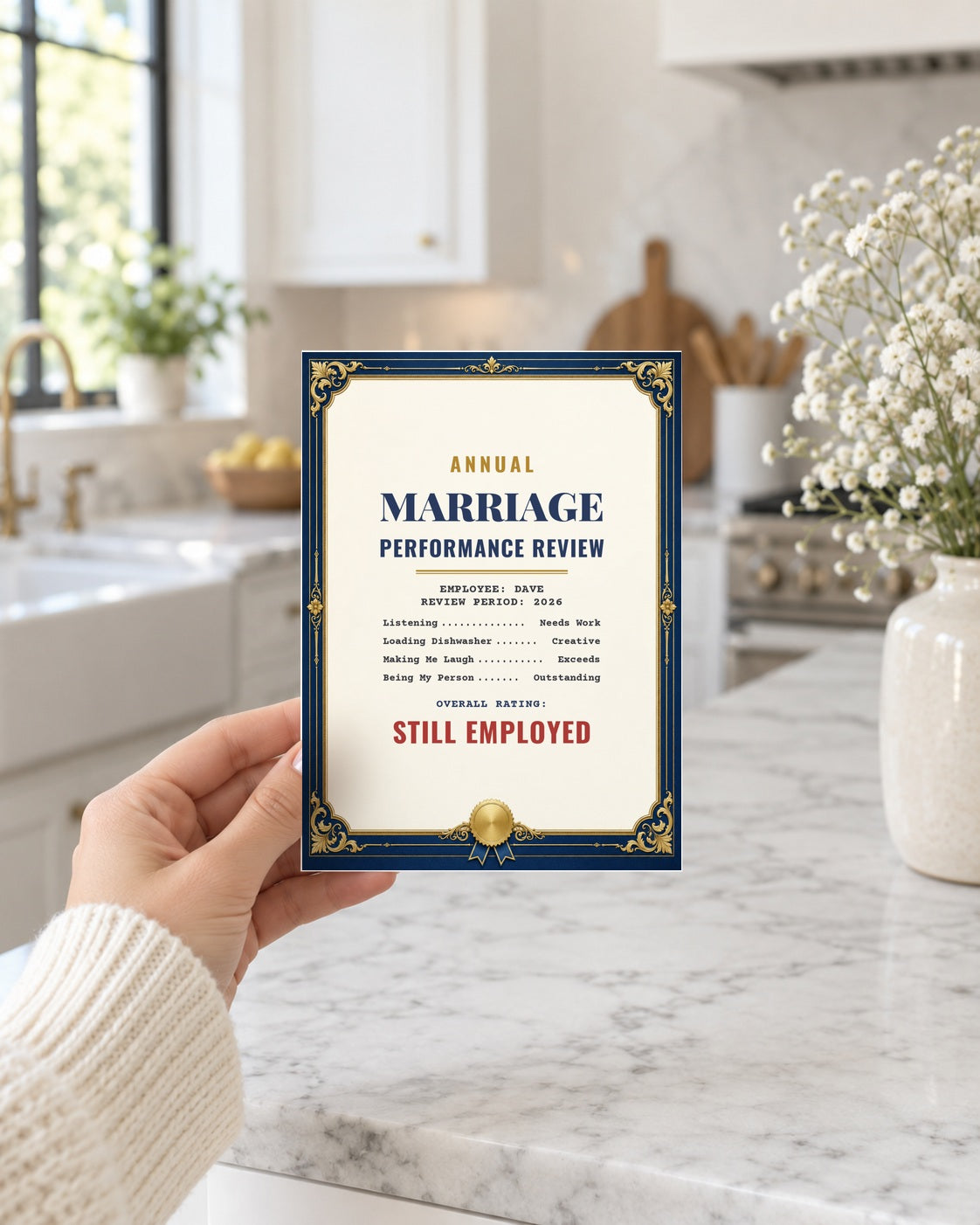Hand holding the marriage performance review card in a bright kitchen