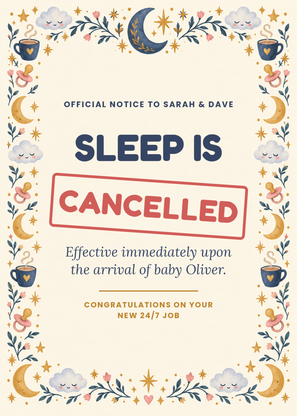 Sleep Is Cancelled funny new baby card with red cancelled stamp