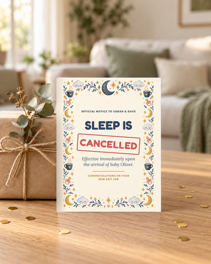 Sleep Is Cancelled card leaning on a wrapped gift