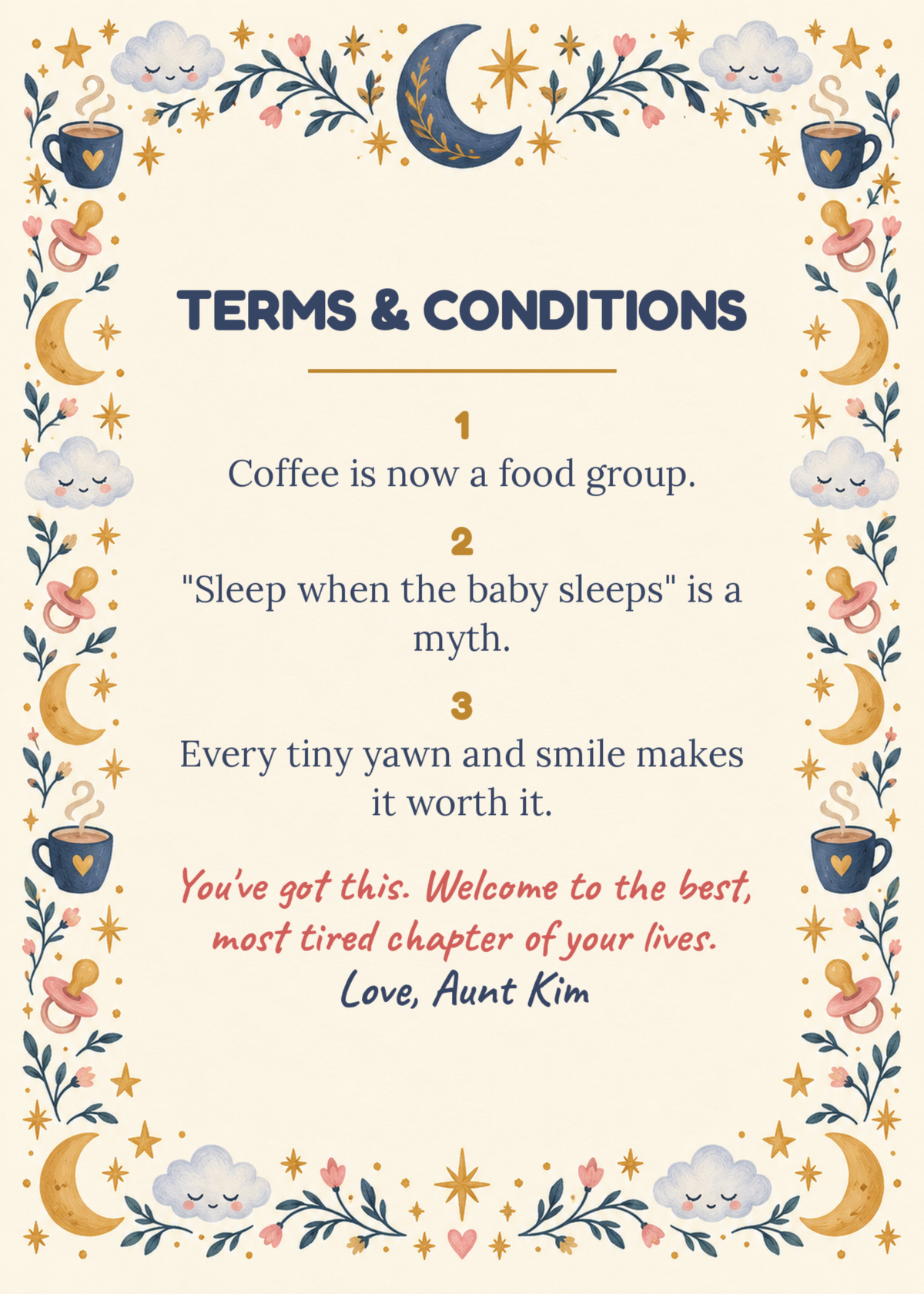 Inside: terms and conditions for new parents