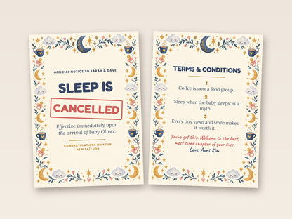 Sleep Is Cancelled card cover and inside side by side