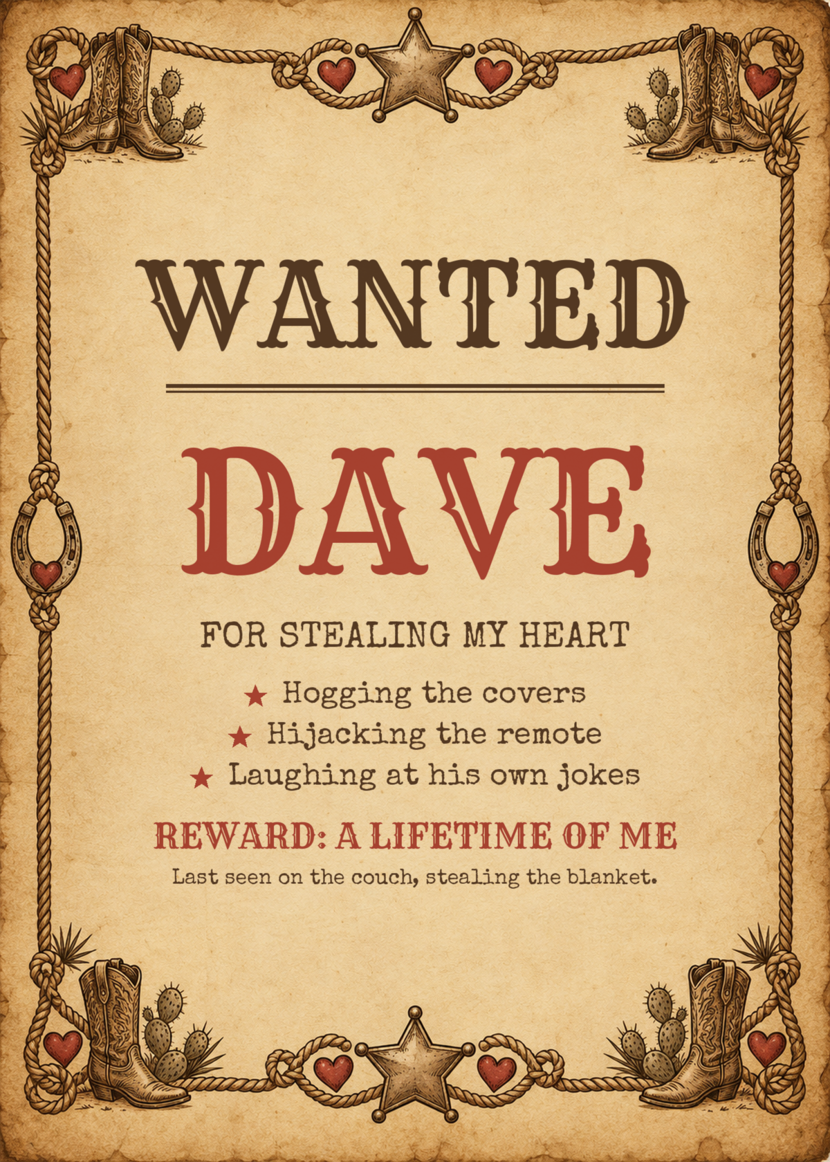 Wanted poster funny anniversary card for husband with his name