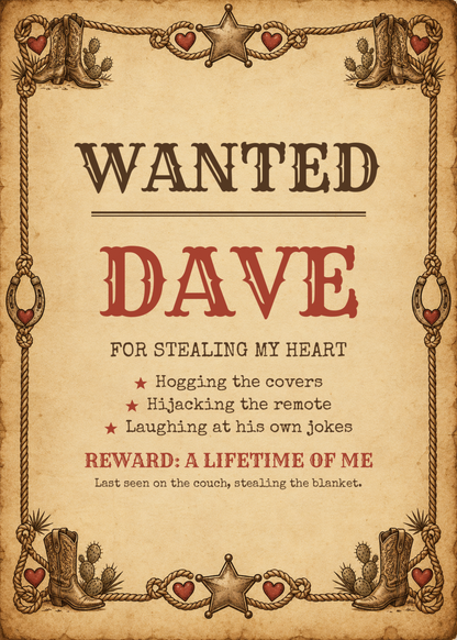 Wanted poster funny anniversary card for husband with his name
