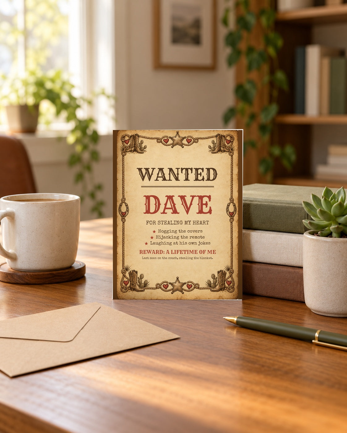 Wanted poster card standing on a desk with an envelope