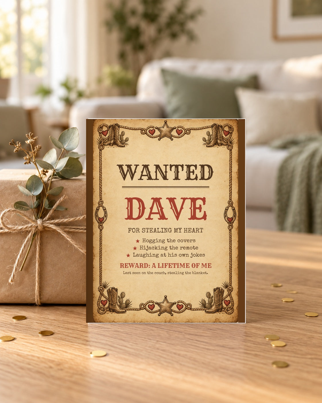 Wanted poster card leaning on a wrapped gift