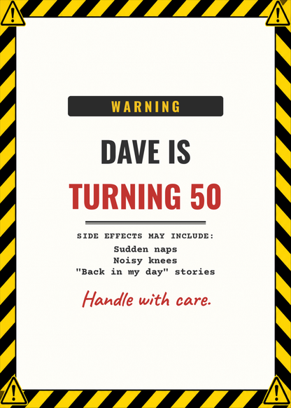 Warning turning 50 funny birthday card with name and age