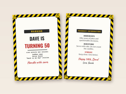 Warning label card cover and inside side by side