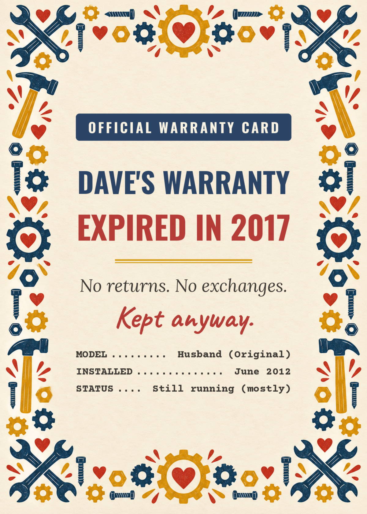 Husband warranty expired funny anniversary card with name and year