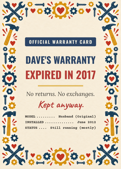 Husband warranty expired funny anniversary card with name and year