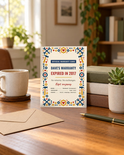Husband warranty card standing on a desk with an envelope