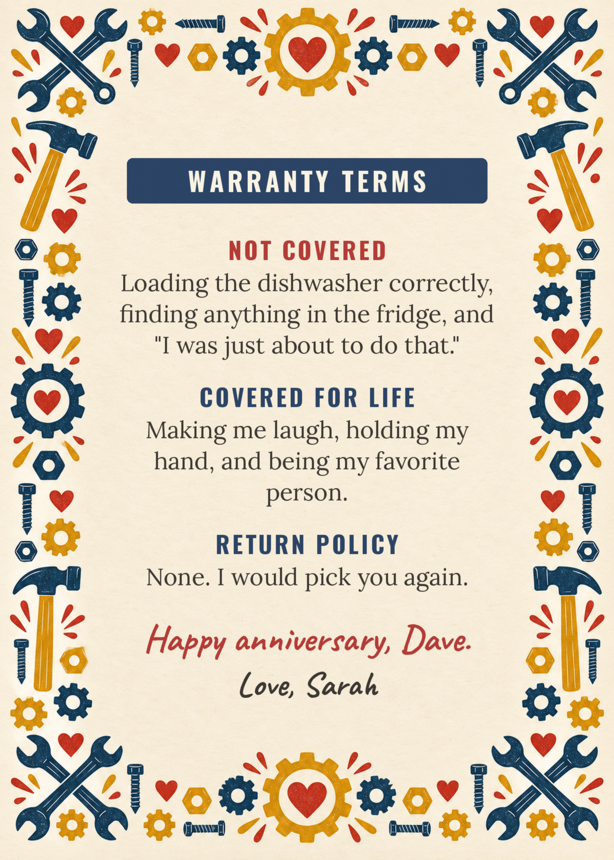 Inside: warranty terms and a sweet message