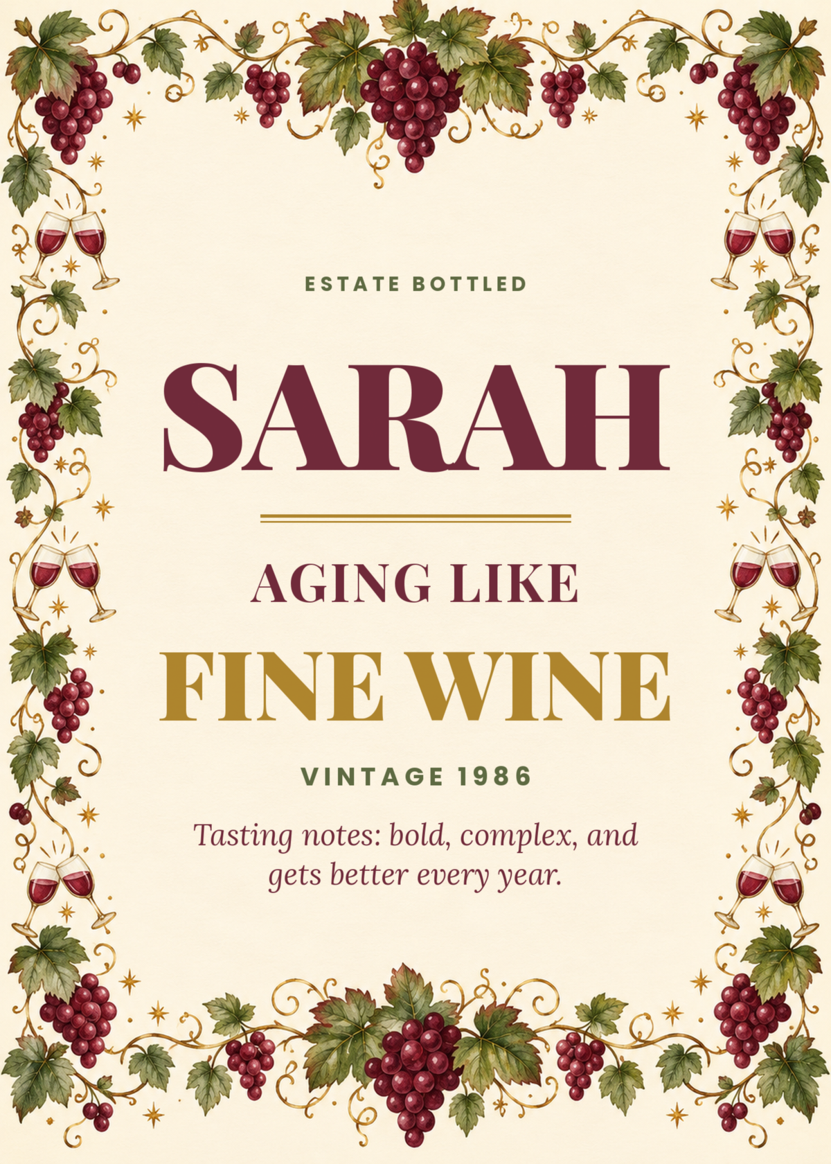 Aging like fine wine funny birthday card with her name and vintage year