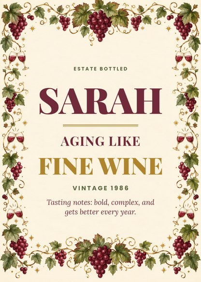 Aging like fine wine funny birthday card with her name and vintage year