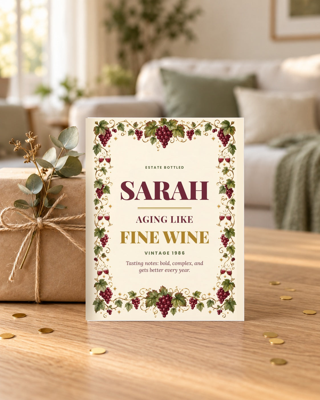 Wine label birthday card leaning on a wrapped gift