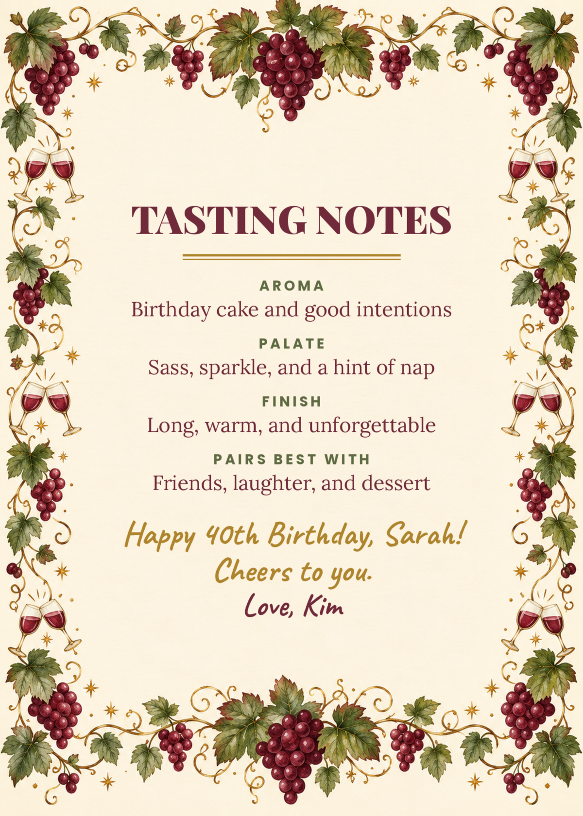 Inside: tasting notes birthday message