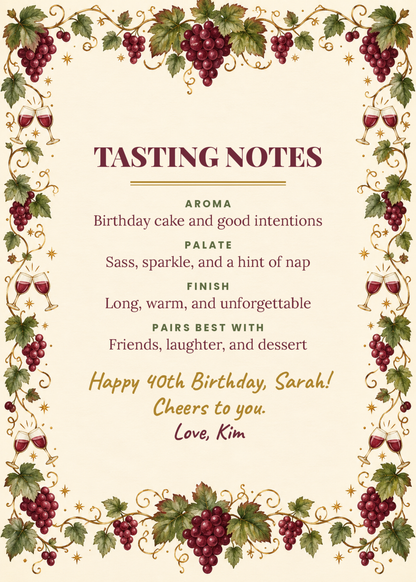 Inside: tasting notes birthday message