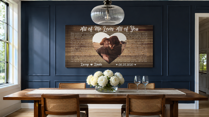 Custom lyric canvas on a navy panelled dining room wall above a walnut table with white peonies