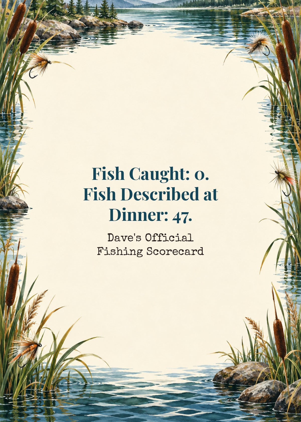 Fishing card cover: Fish Caught 0, Fish Described at Dinner 47