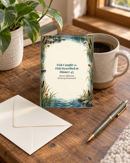 Fishing birthday card on a desk with envelope and pen
