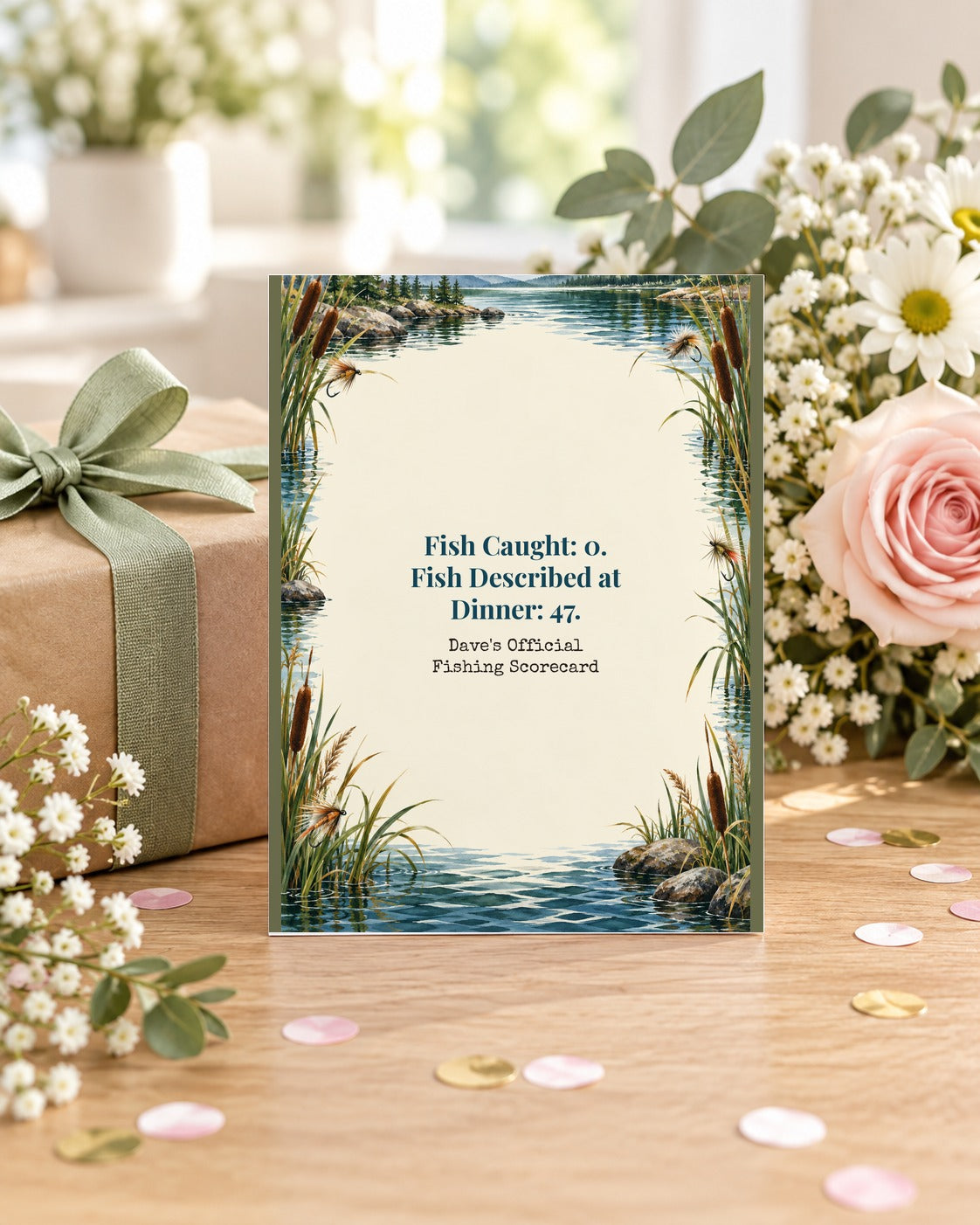 Fishing birthday card with gift and flowers