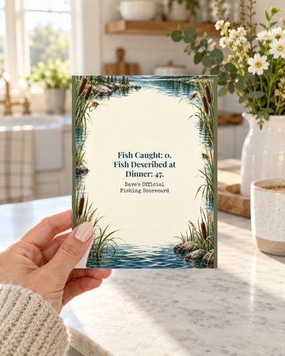 Hand holding a funny fishing scorecard birthday card