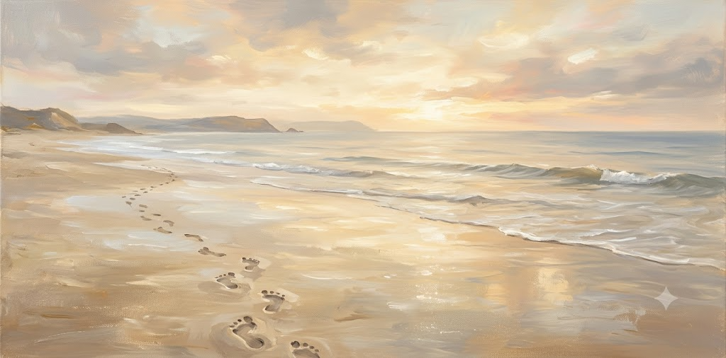 Footprints in the sand at dawn Christian beach fine-art
