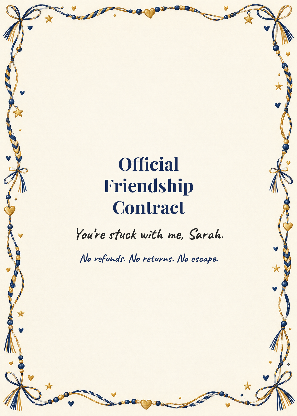 Card cover: Official Friendship Contract, you're stuck with me