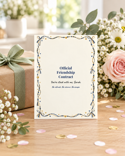 Friendship contract card next to a wrapped gift