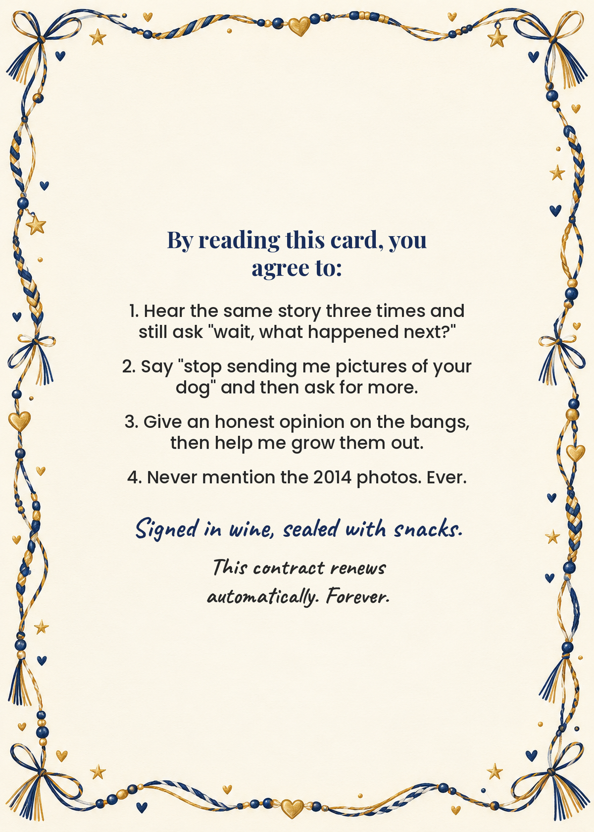 Card inside: friendship contract terms and conditions
