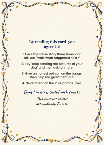 Card inside: friendship contract terms and conditions