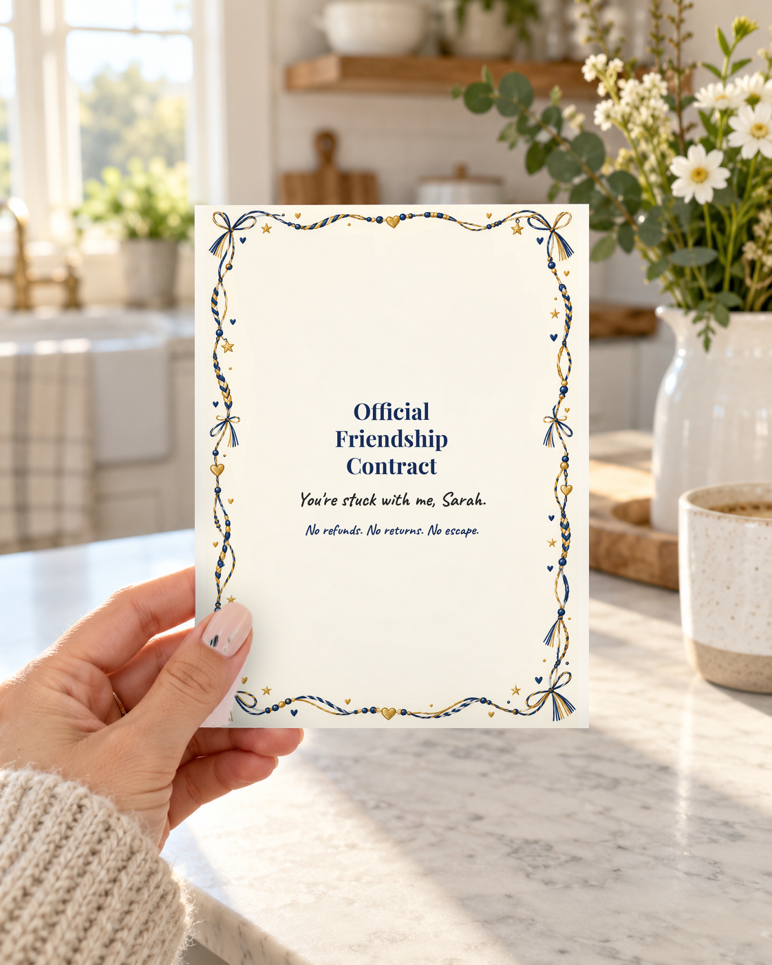 Hand holding funny Official Friendship Contract card