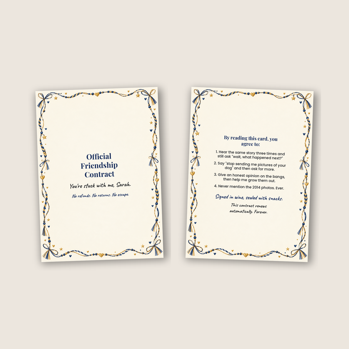 Cover and inside of the funny friendship contract card