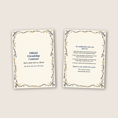 Cover and inside of the funny friendship contract card