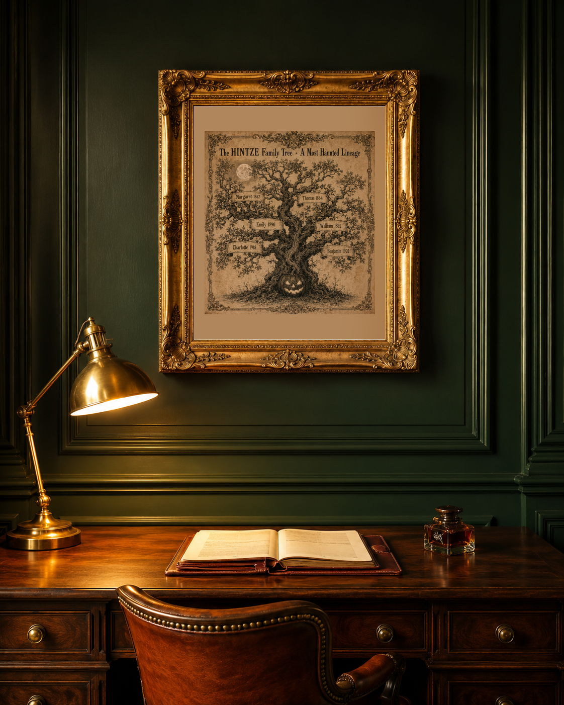 Personalized Halloween family tree 8x10 print in an ornate gold frame on a deep forest-green panelled study wall above a walnut desk with a brass lamp and open ledger