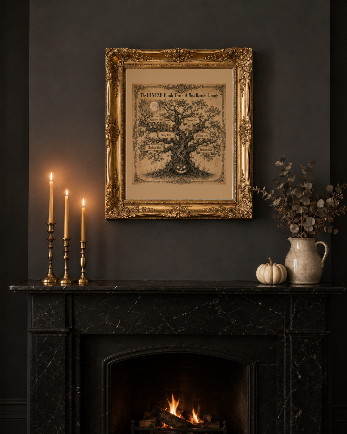 Custom heraldic genealogy Halloween print framed above a black marble fireplace mantel in a charcoal room with lit brass taper candles and a pale heirloom pumpkin
