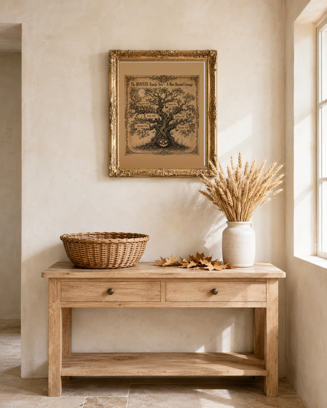 Victorian family tree Halloween wall art framed on a cream plaster farmhouse hallway wall above a light oak console with dried wheat and autumn leaves