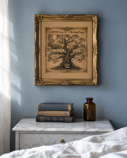 Personalized 1900 chromolithograph family tree print framed on a dusty blue-grey bedroom wall above a white marble nightstand with antique books