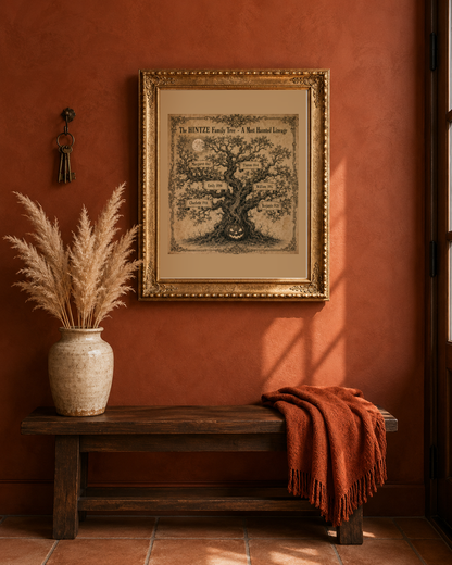 Custom family legacy Halloween 8x10 print in a gold frame on a terracotta entryway wall above a walnut bench with pampas grass in afternoon light