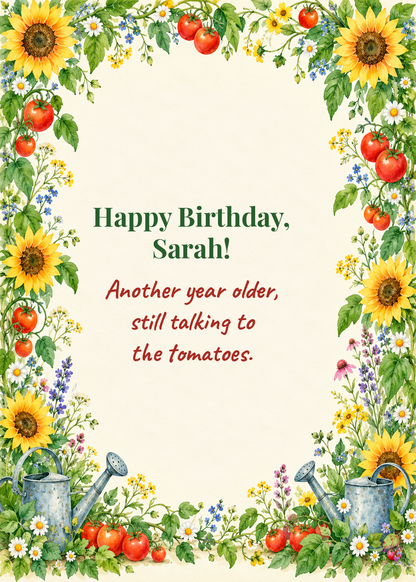 Card cover: Happy Birthday, still talking to the tomatoes