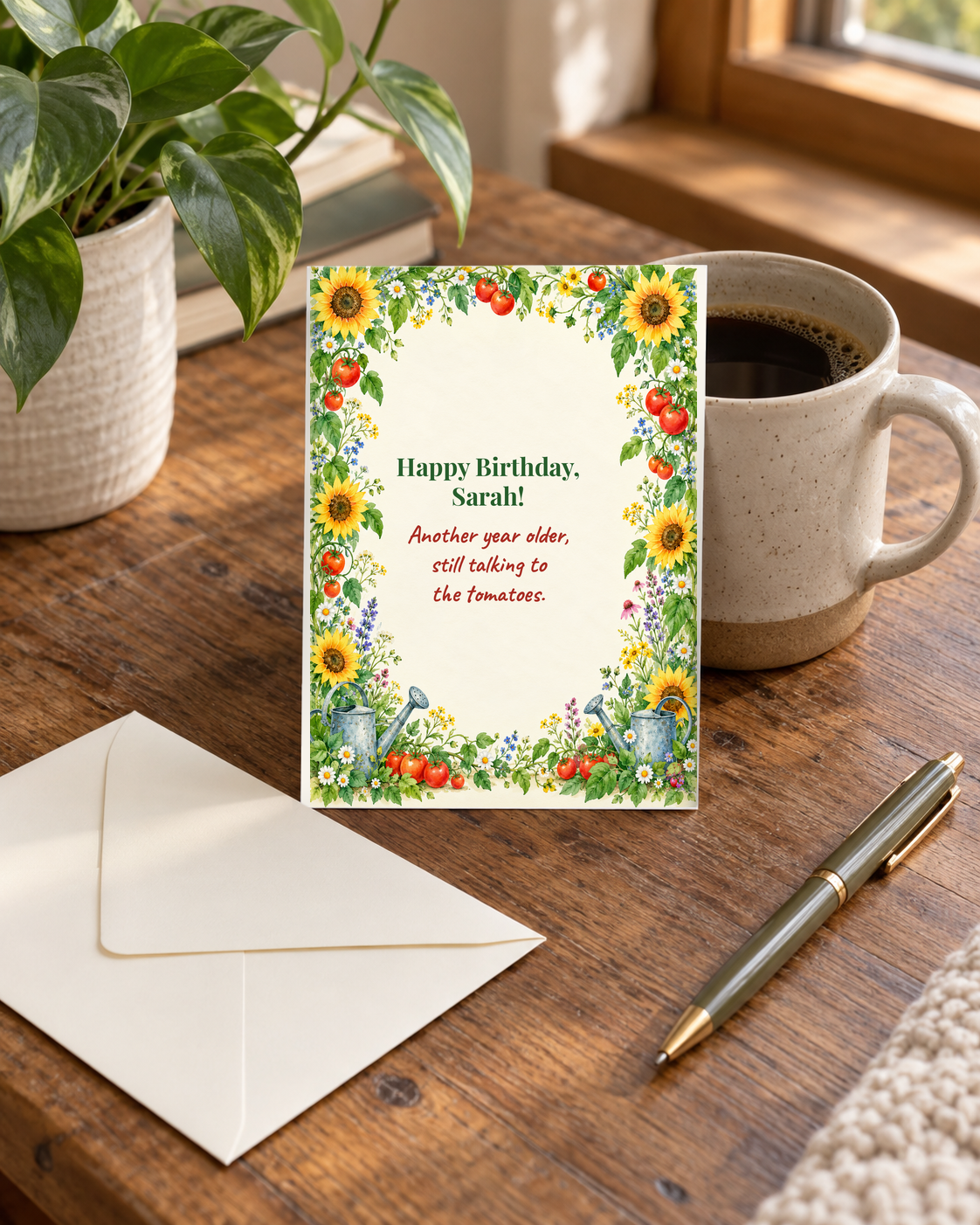Gardening birthday card on desk with envelope and pen