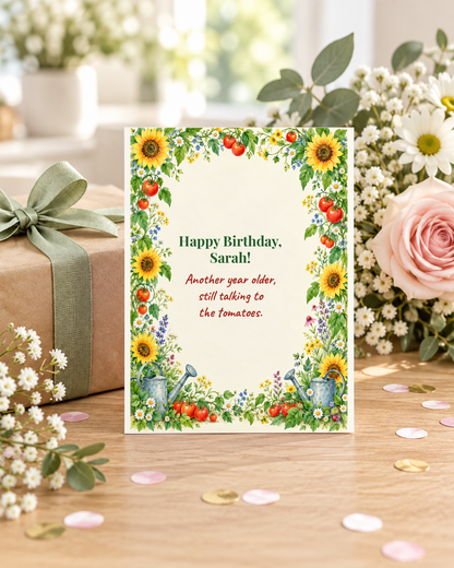 Gardening birthday card styled with a wrapped gift and flowers
